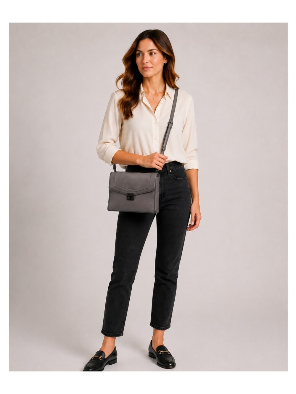 FRYE‎ Alex Flap Shoulder Convertible Crossbody Bag Shadow Grey Leather Push Lock